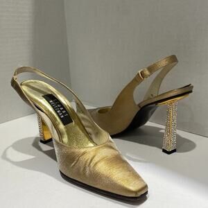 Stuart Weitzman Vintage Gold Sling Back Heels with Rhinestone Heel